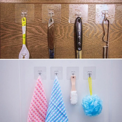 A set of 12 transparent wall hangers that can hold a variety of household items in the bathroom, kitchen, and other rooms