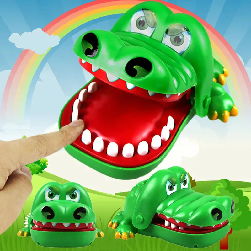 Vivid green crocodile with big eyes, wide open mouth, and sharp teeth - the Crocodile Dentist Game challenges players to carefully pull out the sore teeth using special tongs.