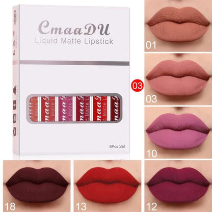 6 boxes of waterproof matte lipstick and long-lasting lip gloss in a variety of shades, including nude, red, pink, coral, berry, and plum