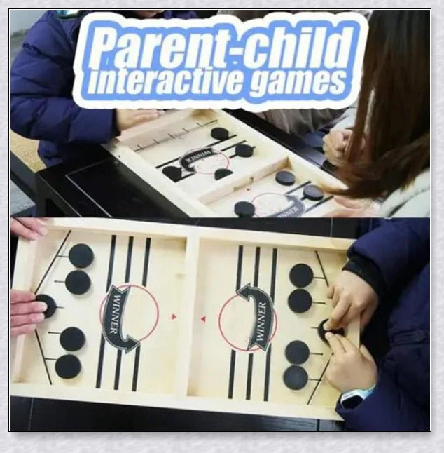 A hand-crafted wooden hockey game with rubber band-powered pucks, perfect for family bonding and screen-free fun in New Zealand