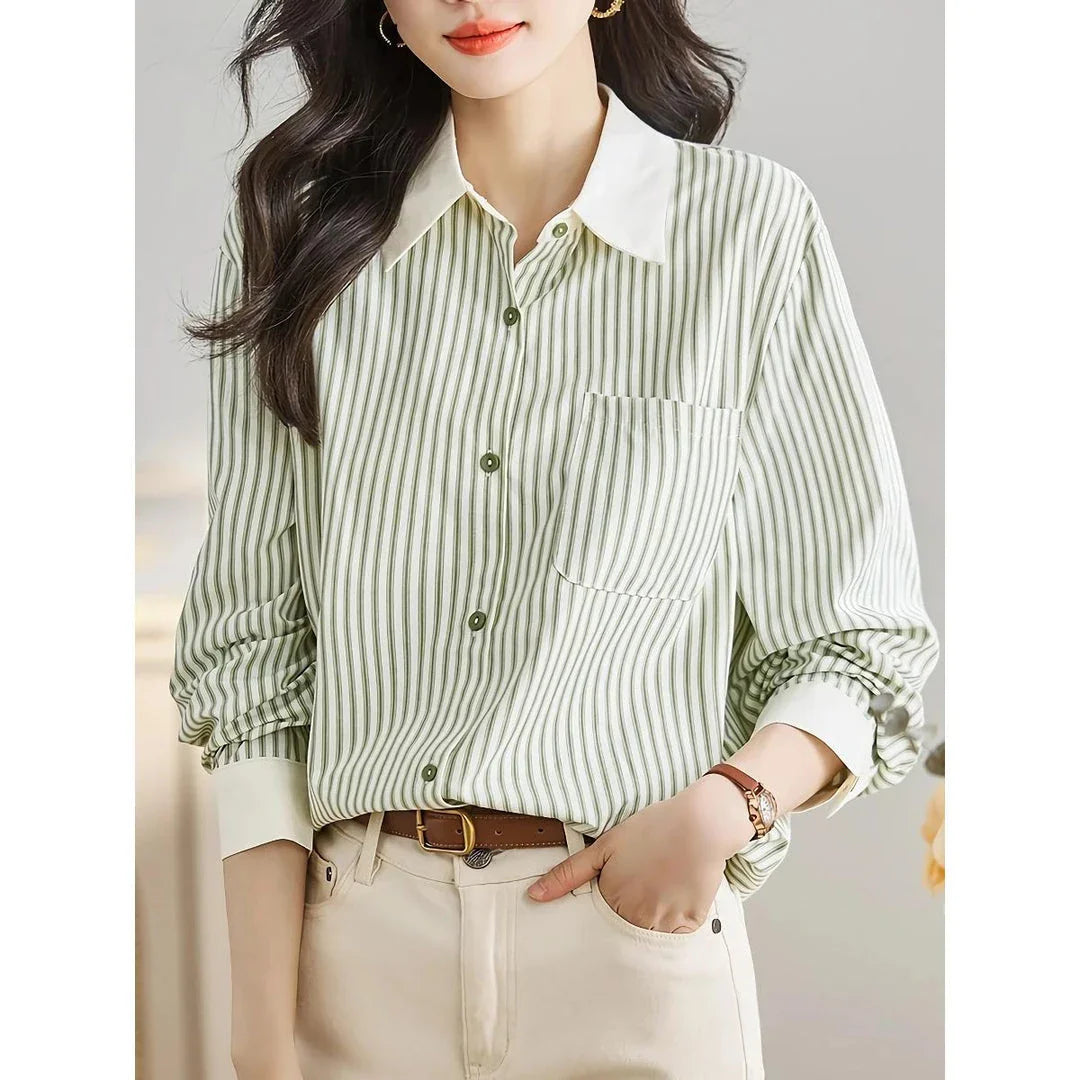 Stylish green striped chiffon blouse for women, featuring a classic striped pattern, turn-down collar, and flowing, comfortable fit.