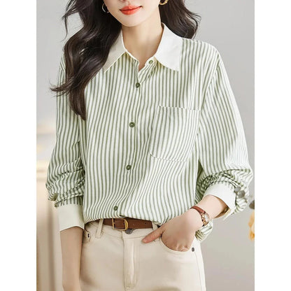 Stylish green striped chiffon blouse for women, featuring a classic striped pattern, turn-down collar, and flowing, comfortable fit.