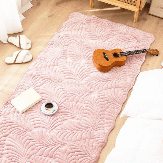 Banana leaf texture plush carpet in pink, a soft and cozy flannel rug with an anti-slip backing for bedrooms and living spaces