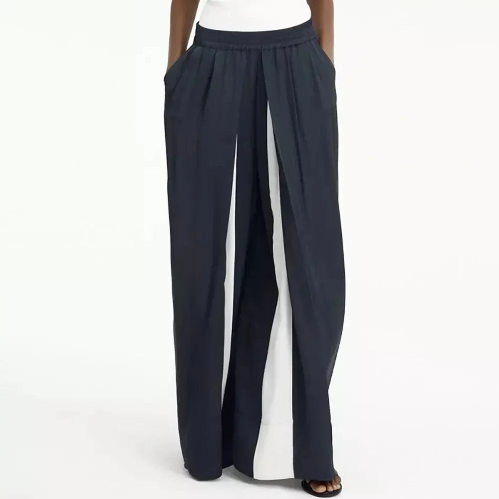 Stylish navy high-waist wide-leg pants with unique patchwork design for the fashion-forward Kiwi woman
