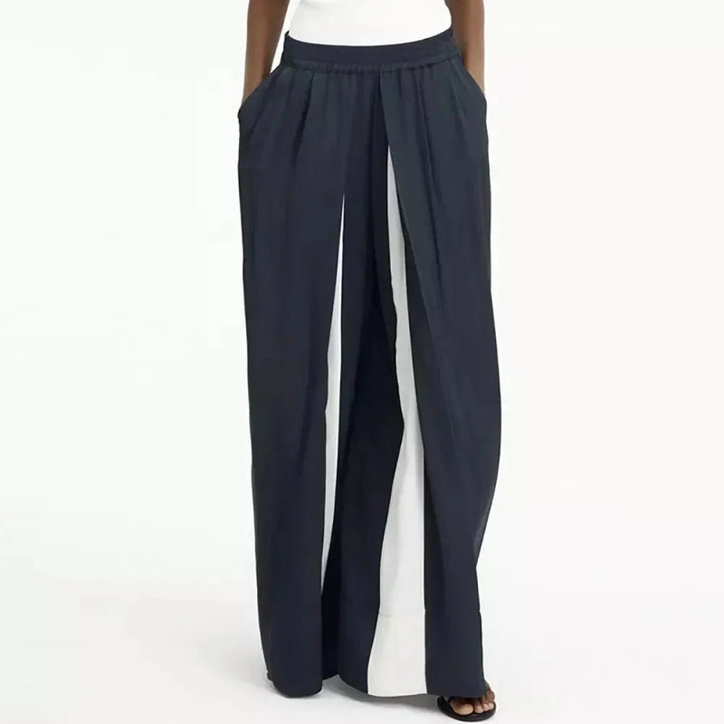 Shopfluxpro NZ Stylish Navy High-Waist Wide-Leg Pants with Unique Patchwork Design