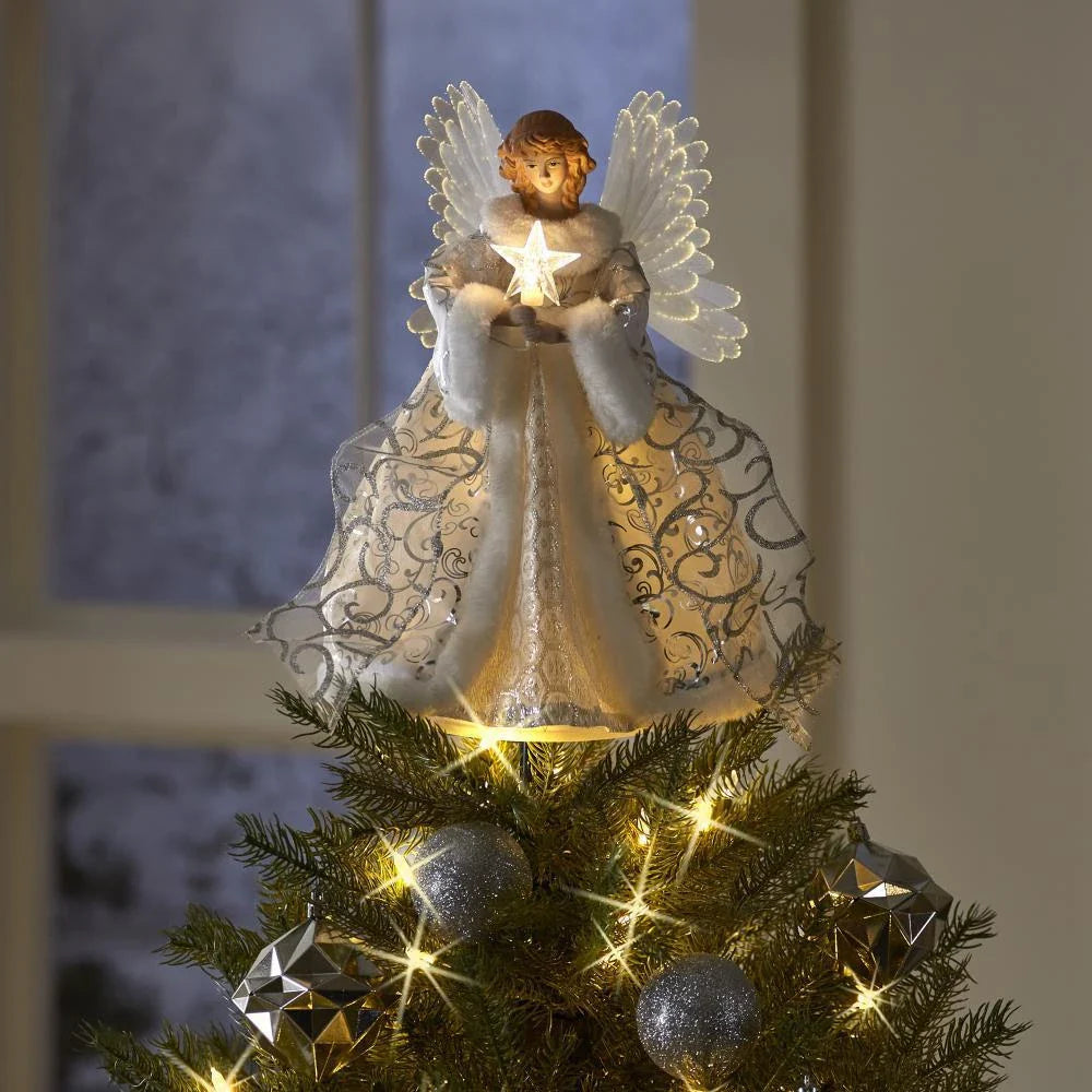 Glowing golden angel doll Christmas tree topper with intricate design, perfect for adding festive cheer to any Kiwi holiday display