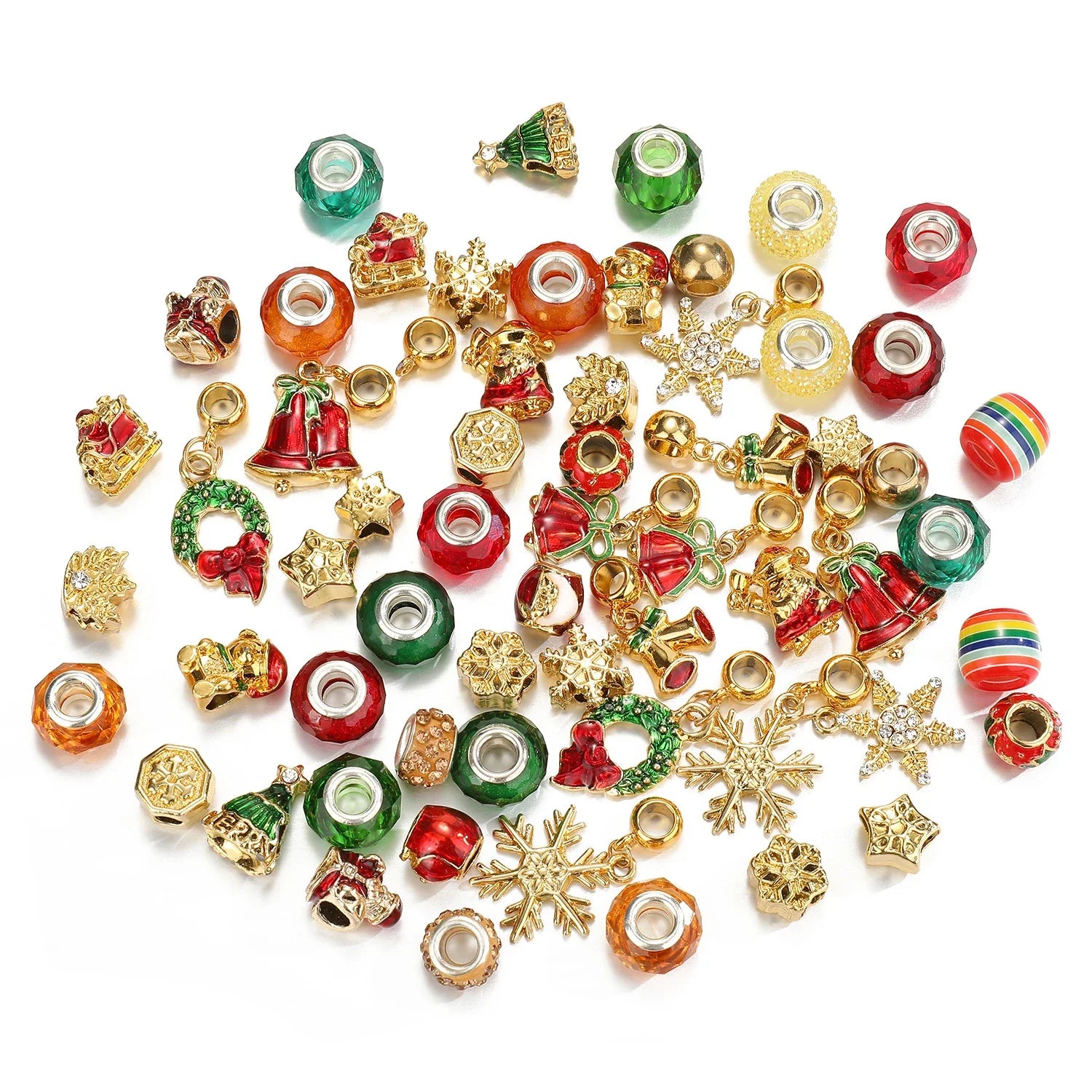 Alloy Christmas beads in a variety of festive colours, perfect for DIY holiday crafts and decorations.