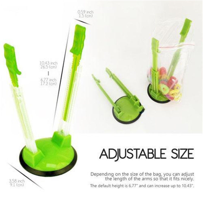 Anti-Spill Hands-Free Baggy Opener with adjustable arms and non-slip rubber base, perfect for Kiwi kitchens