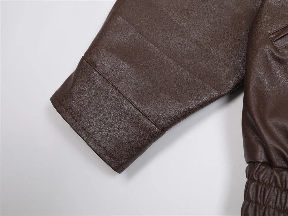 Stylish and durable men's leather coat with premium zipper closure, available in black and brown colors.