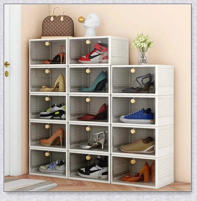 Spacious, foldable shoe storage box with clear plastic door panel for easy visibility and organisation