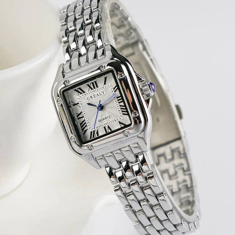 Elegant square women's watch with stainless steel case and bracelet, featuring a sleek and sophisticated design