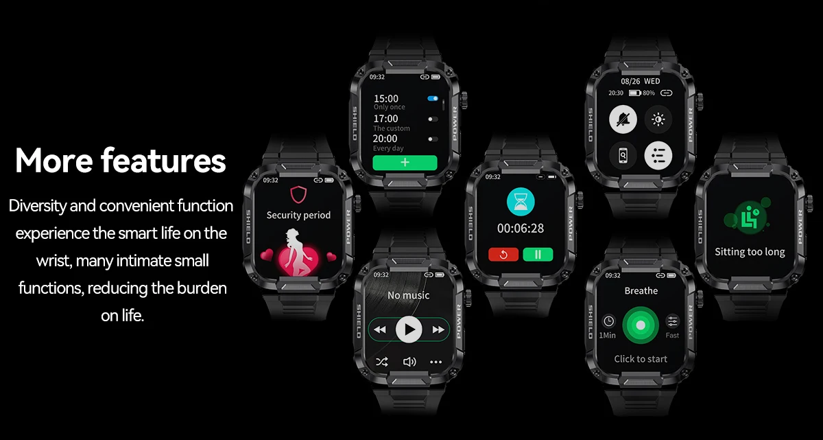 Rugged military-grade smartwatch with anti-smash and anti-fall design, real-time weather forecasts, and advanced health monitoring features