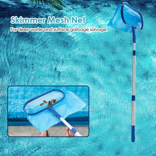 A durable, telescopic pool rake with a deep bag skimmer net for efficient cleaning of leaves and debris from Kiwi swimming pools and ponds.