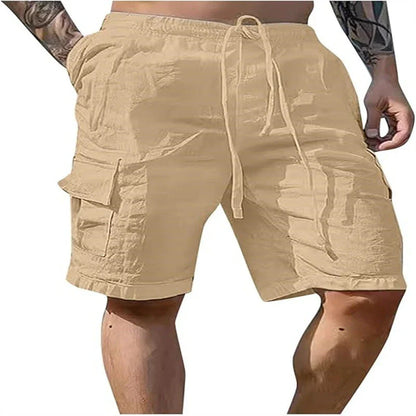 Cotton linen shorts with drawstring elastic waist and straight leg, available in various colors for casual summer style