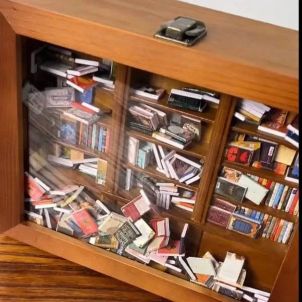 Compact wooden bookshelf toy with paper 'books' for anxiety relief and mindfulness, made in New Zealand