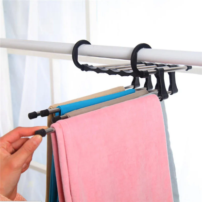 Compact trouser hanger with 5-way design to organize pants, scarves, ties, and more - the ultimate wardrobe organizer