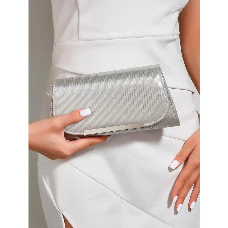 Elegant gold-colored striped PU leather clutch with detachable chain, perfect for Kiwi events and occasions