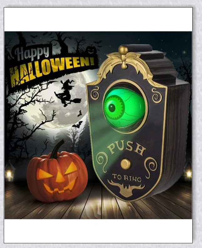 Animated Halloween doorbell with a pop-up green eyeball that glows and turns to frighten guests