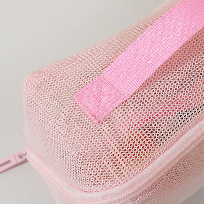 Trendha Clear Mesh Travel Cosmetic Organizer in pink and white colors, with transparent design and zipper closure