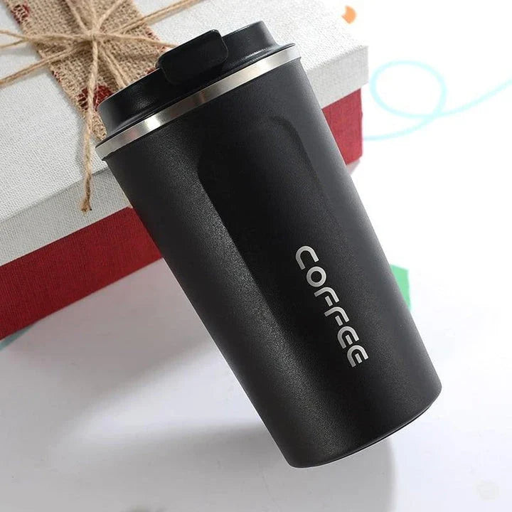 Stainless steel double-wall coffee mug with spill-proof lid, available in white color and small or large sizes