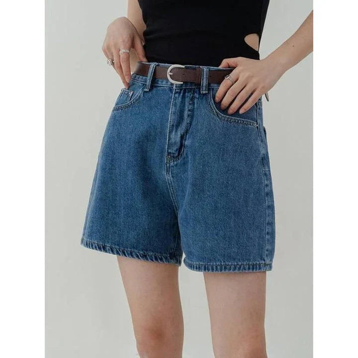 Stylish high-waisted denim shorts in a classic blue hue, perfect for Kiwi summer adventures