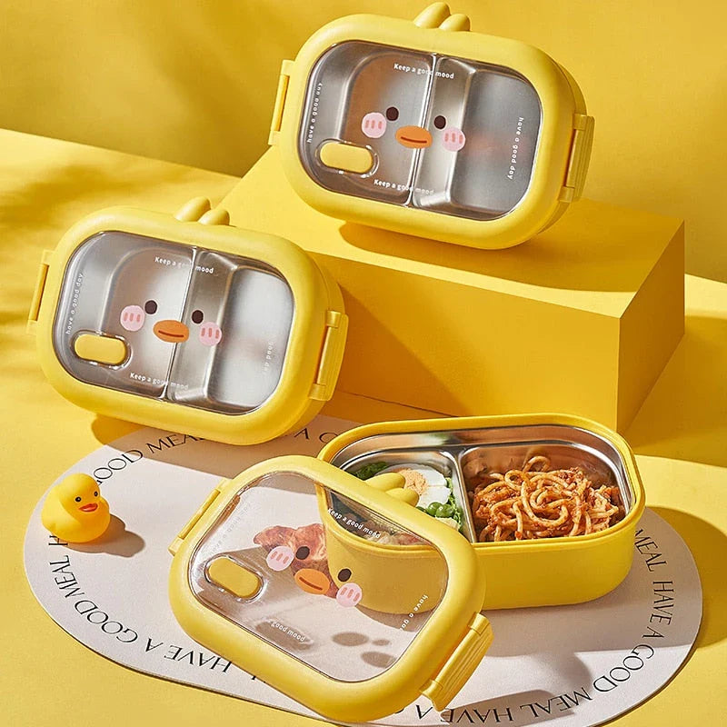 Stainless steel bento lunchbox with yellow lid and two compartments for healthy, leak-proof meals