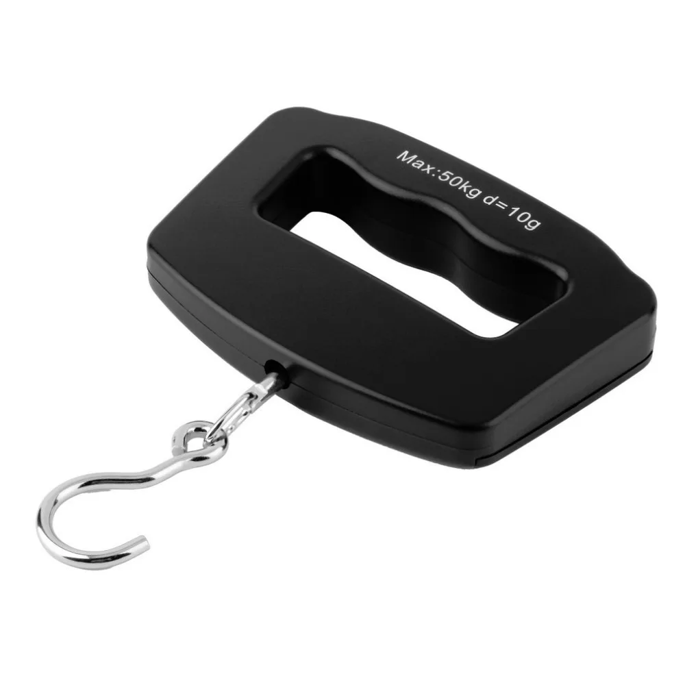 A black, compact digital fishing scale with a stainless steel hook for weighing caught fish.