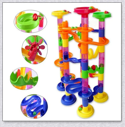 Vibrant 105-piece marble run set with tracks, tunnels, and towers for Kiwi kids to build and race marbles through