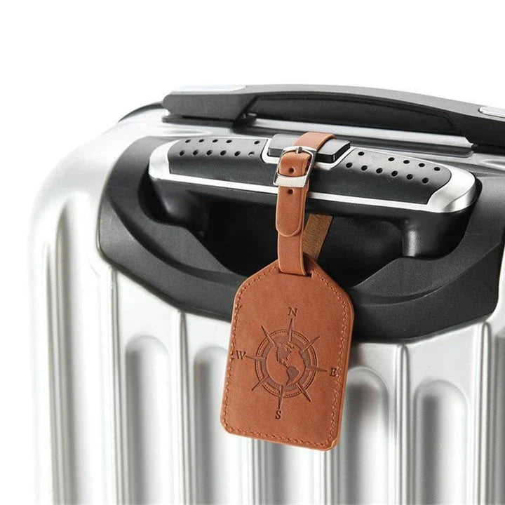 Compass Leather Luggage Tag with Geometric Design, Ideal for Kiwi Travellers