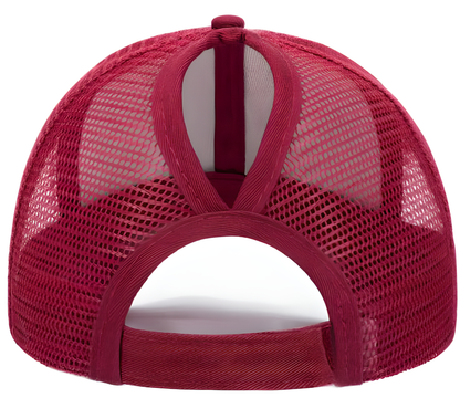 Women's mesh ponytail cap in various glitter and plain colours, featuring a sun visor and breathable design for comfort and style.