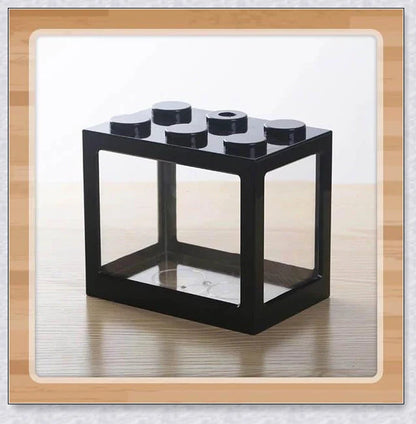 Stackable InspireHOME Mini Block Aquarium with LED lighting, showcasing various color options and configuration possibilities