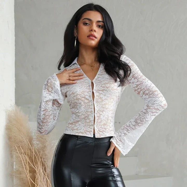 Stylish lace flare sleeve t-shirt with turn-down collar, a versatile and comfortable summer top for New Zealand women