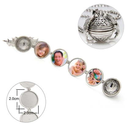 Elegant angel wings photo locket necklace in platinum plating, holds up to 6 cherished photos