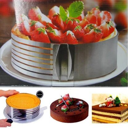 An adjustable stainless steel cake slicer with a ring that can be expanded or shrunk to fit cakes of different sizes, up to 12 inches in diameter.