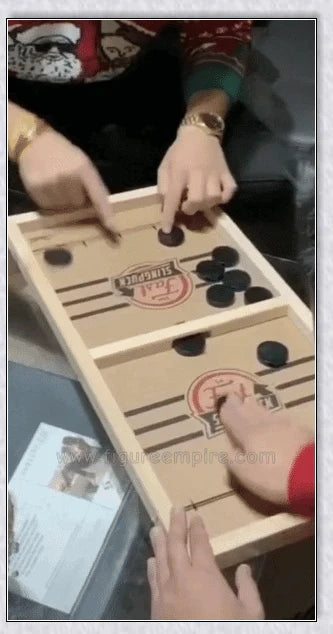 A hand-crafted wooden hockey game with rubber band-powered pucks, perfect for family bonding and screen-free fun in New Zealand