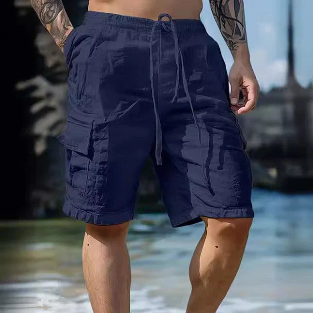 Cotton linen shorts with drawstring elastic waist and straight leg, available in various colors for casual summer style