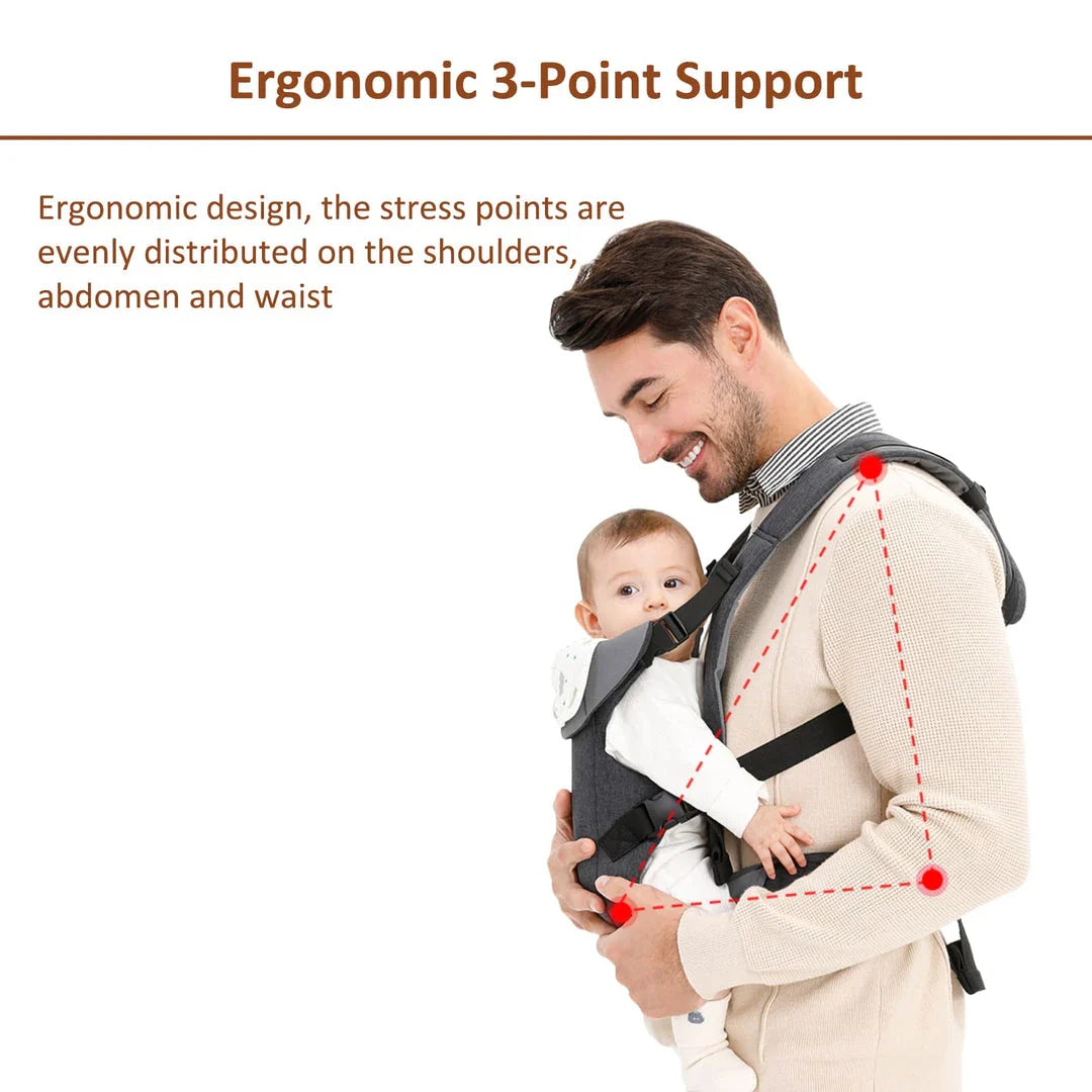 Ergonomic 4-in-1 baby carrier in gray, designed for comfort and convenience for Kiwi parents and their growing children