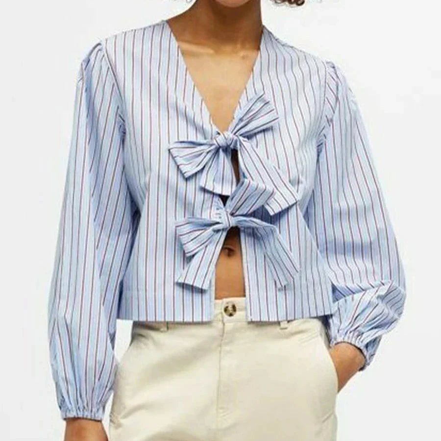 Elegant Striped Print V-neck Blouse with Lace-Up Detail and Captivating Design