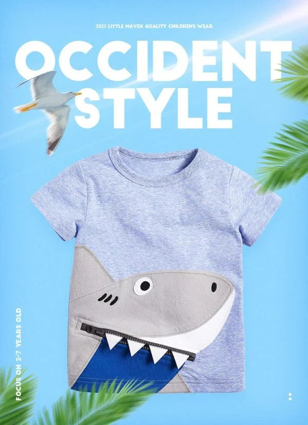 Cosy cotton cartoon t-shirt for children, featuring a shark design and short sleeves for comfortable, breathable wear.