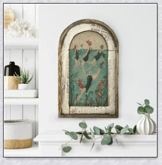 Charming swimming wall art featuring a serene coastal scene, perfect for adding a touch of Kiwi charm to your bathroom or living space