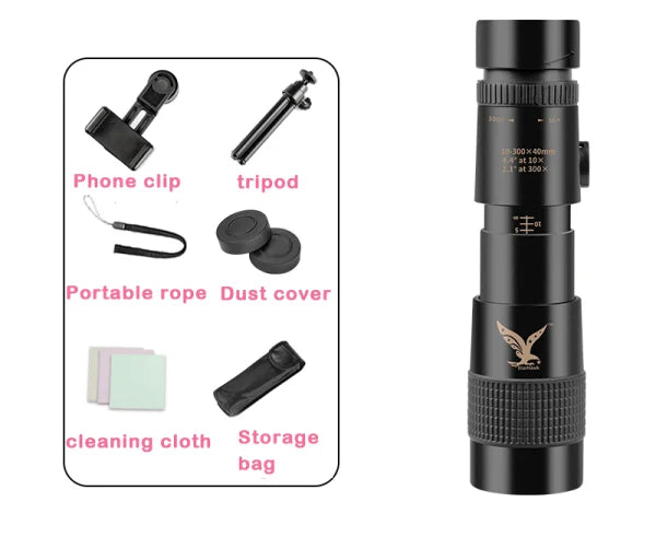 A premium super telephoto zoom monocular telescope with 10-300x optical zoom, advanced stabilisation, and night vision for capturing distant worlds in stunning detail