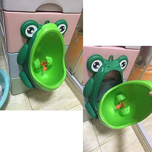 Frog-themed potty training urinal for toddler boys, featuring a bright green color and flexible windmill design for fun aiming practice.