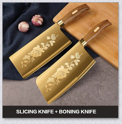 Titangold Designer Titanium Kitchen Knife Set with premium stainless steel blades and innovative titanium coating for enhanced corrosion resistance and durability.