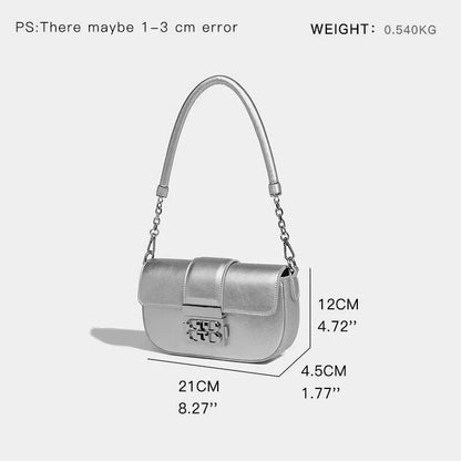 Elegant silver shoulder and crossbody bag for women, featuring a flap design and adjustable straps for versatile use