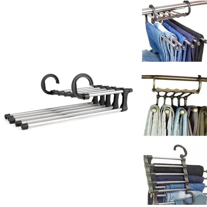 Compact trouser hanger with 5-way design to organize pants, scarves, ties, and more - the ultimate wardrobe organizer