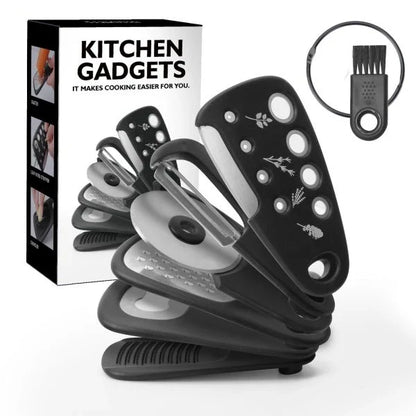 A set of 6 modern and efficient kitchen gadgets, including slicers, peelers, and measuring tools, on a white background.