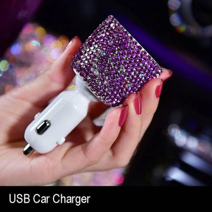 Aromatic car accessories with diamond-inspired designs, including a car pendant, gravity bracket, steering wheel cover, tissue box, storage box, and car plug.