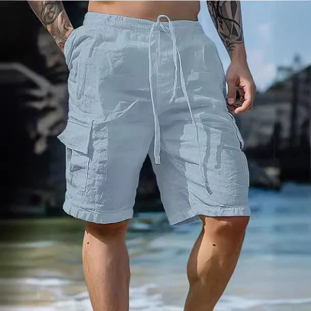 Cotton linen shorts with drawstring elastic waist and straight leg, available in various colors for casual summer style