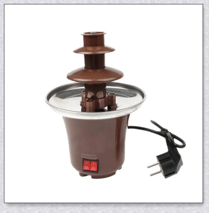 A 3-tier chocolate fondue fountain creating a mesmerizing chocolate waterfall, perfect for dipping a variety of sweet treats.