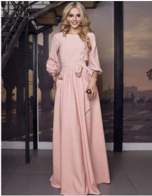 Elegant A-Line long dress with lantern sleeves, featuring a unique collage and splicing design in a timeless pure colour